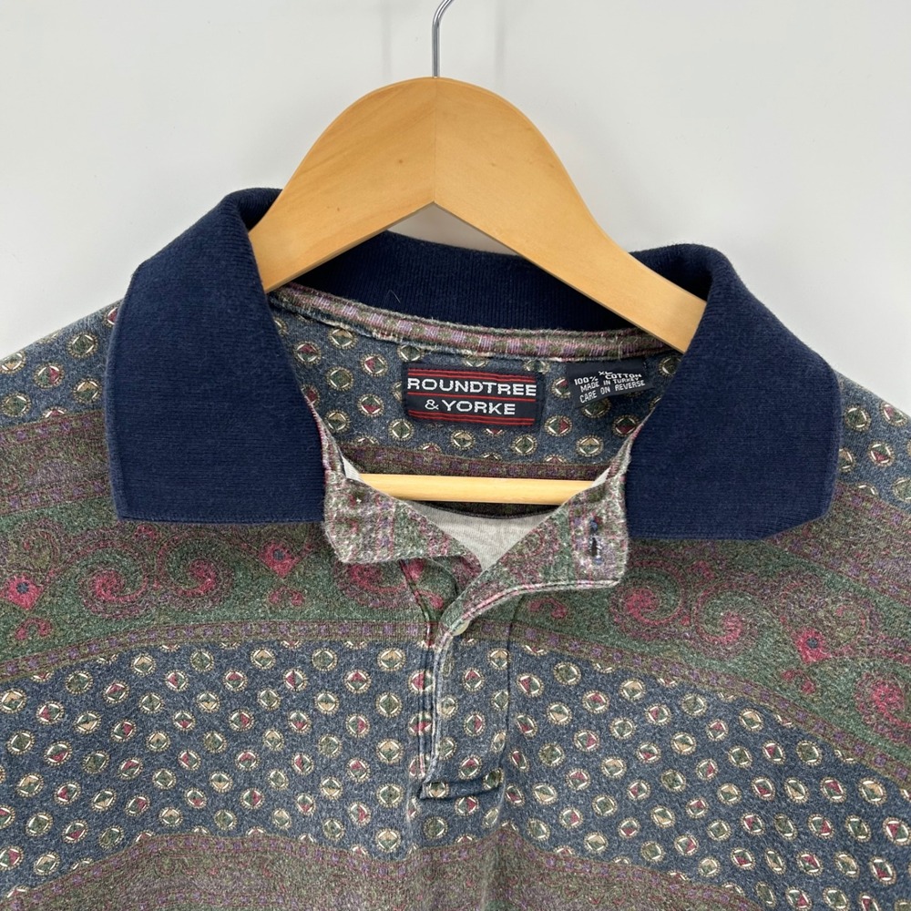 Vintage Roundtree & Yorke 90s Geometric Paisley Stripe Polo Shirt Mens XL Turkey